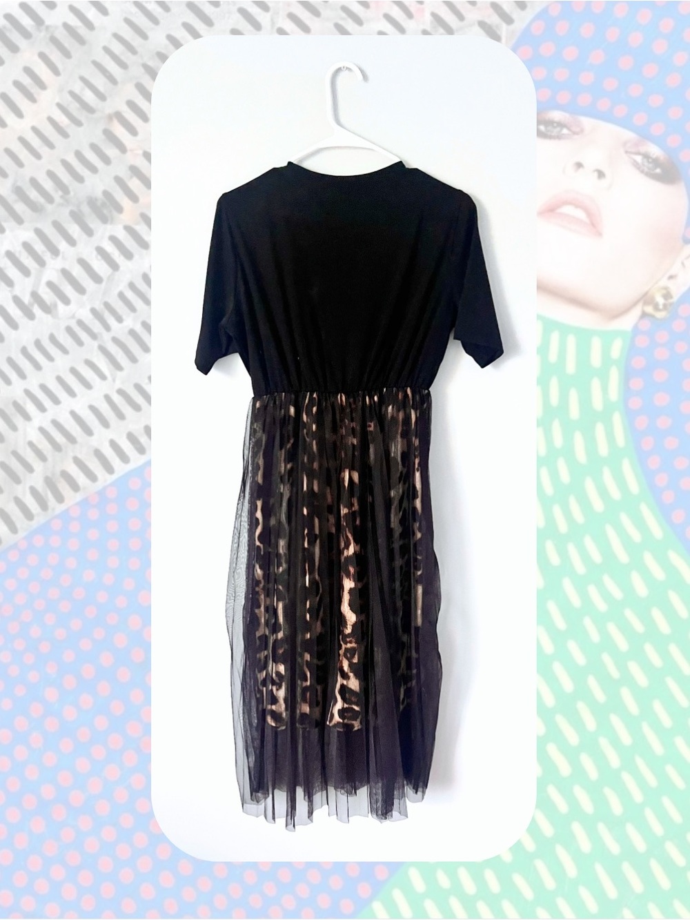 🎉DAZY Black Tulle Overlay Short Sleeve Leopard Print Midi Dress - Picture 3 of 16